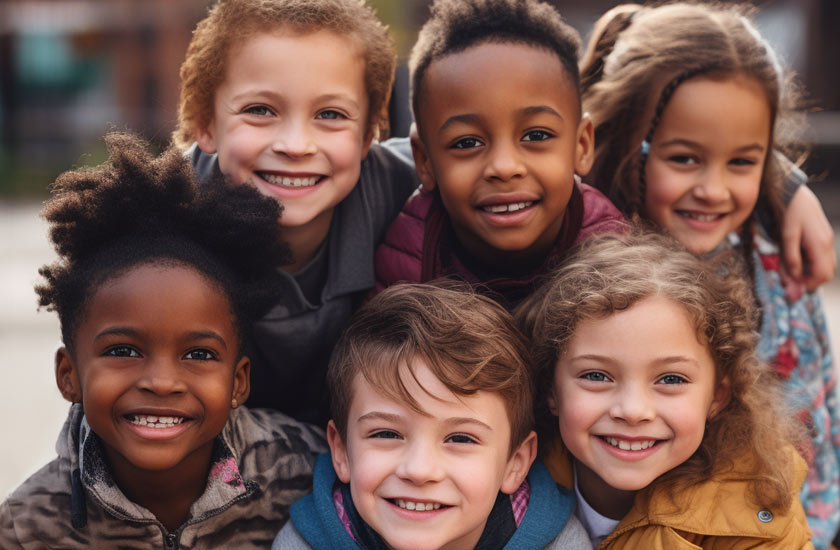 a diverse group of 6 smiling kids outdoors