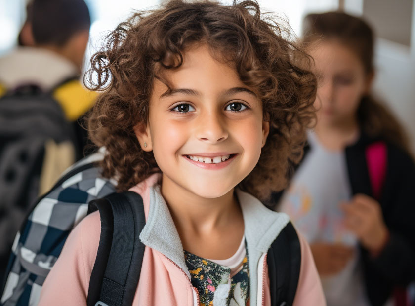 smiling child wearing a backpack in a hallway